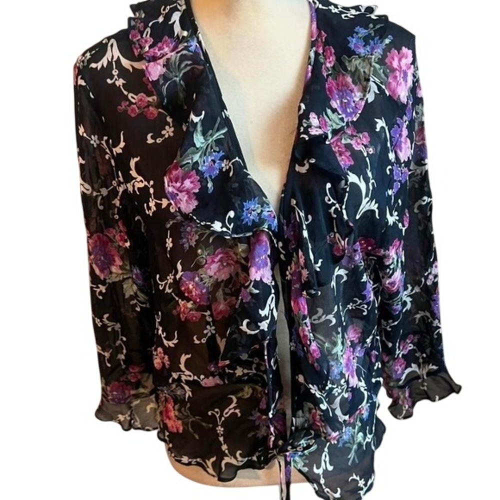 Paradise NY Sheer Floral Sequin Ruffle Tie Front Cardigan Blouse Black 1X‎